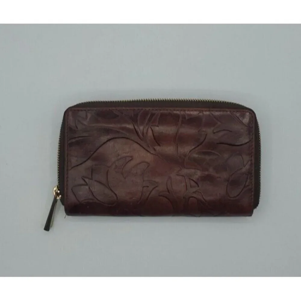 Valentina Genuine Embossed Floral Pattern Design Dark Red Leather Wallet Italy